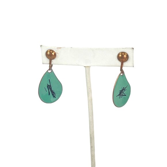 Vintage Copper and Green Enamel Dangle Screw Back Earrings - Picture 5 of 9